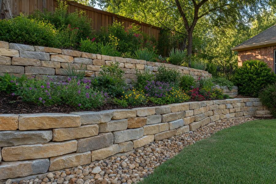 Stacked stone retaining wall with drainage rock
