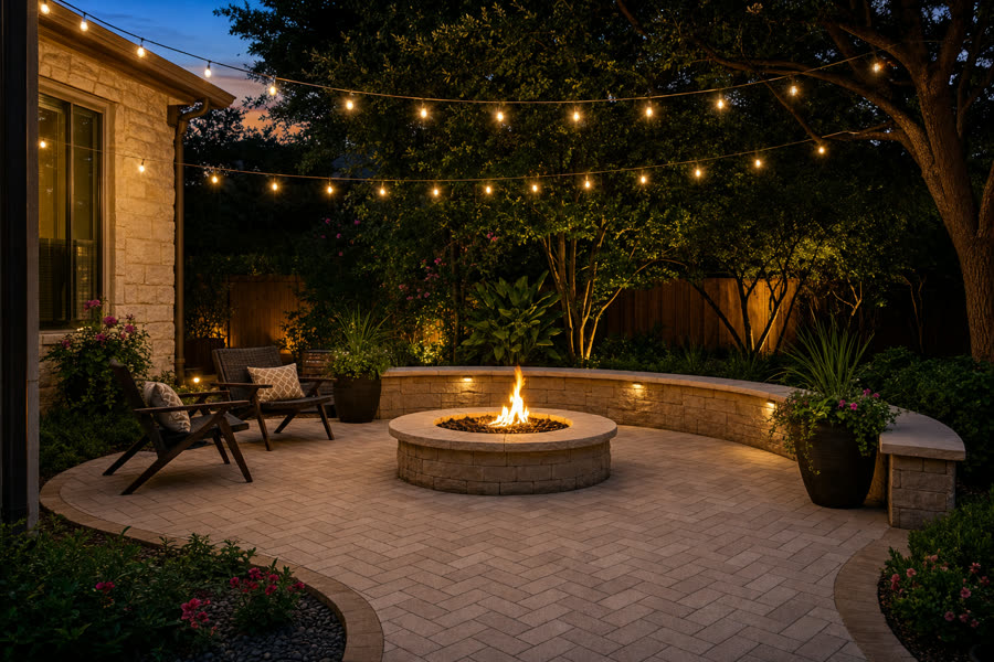 Paver patio with built-in fire pit and string lighting
