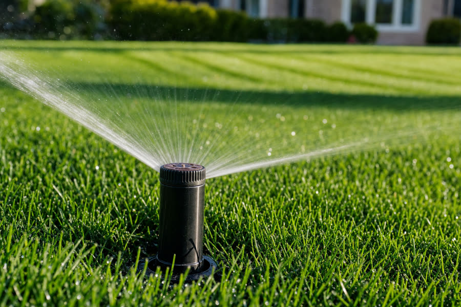 Irrigation sprinkler head watering a manicured lawn