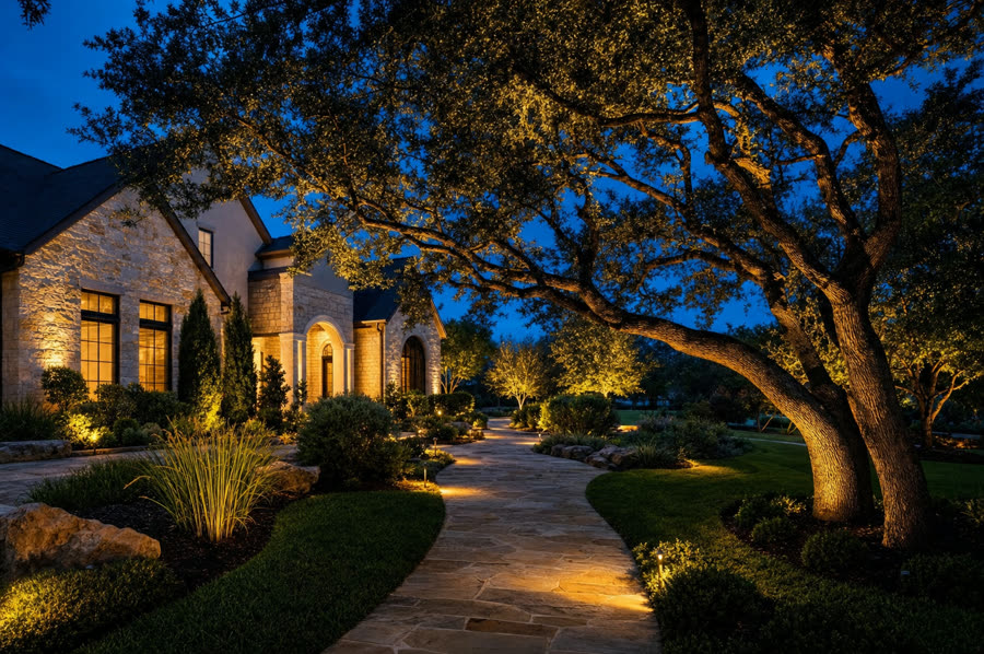 Nighttime landscape lighting along a stone pathway