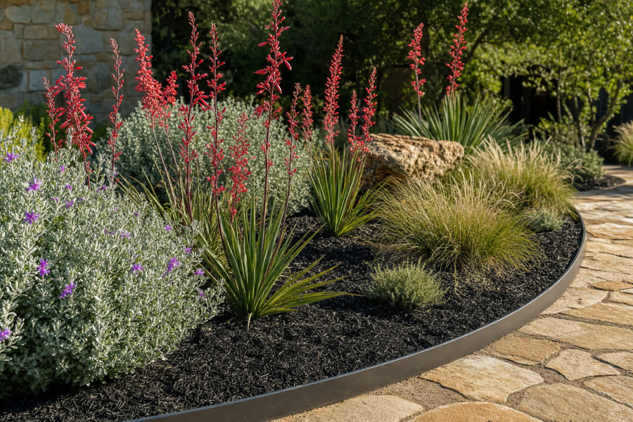 Texas native plant garden bed with red yucca and ornamental grasses