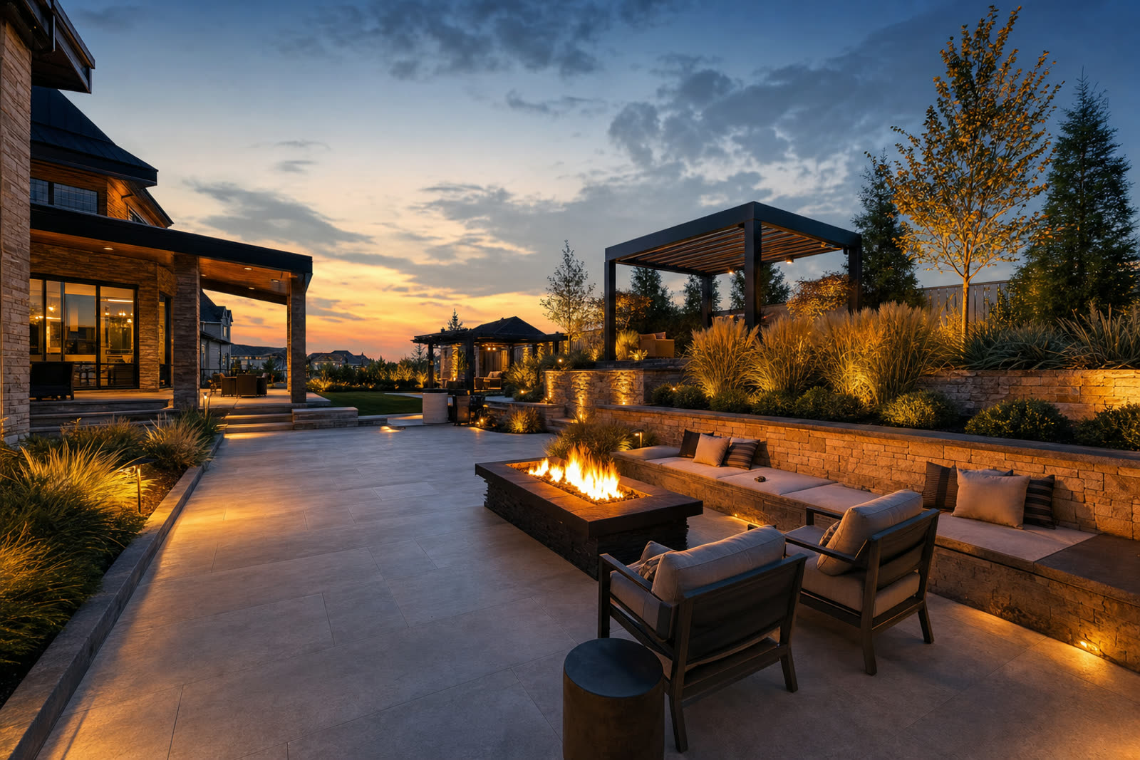 Luxury backyard patio and landscape lighting installed by Onyx Landscape in the Dallas-Fort Worth area